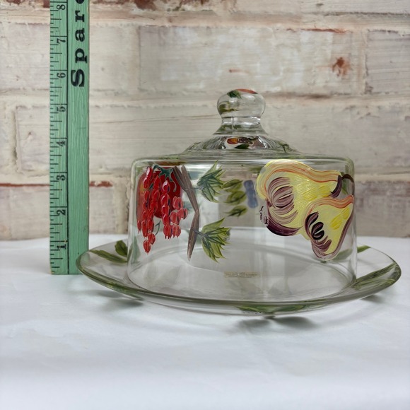 Hand-Painted Fruit Glass Cheese Dome & Plate • Cottage Garden Serveware - Picture 4 of 11
